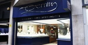 Eternity rings shop window Hatton Garden